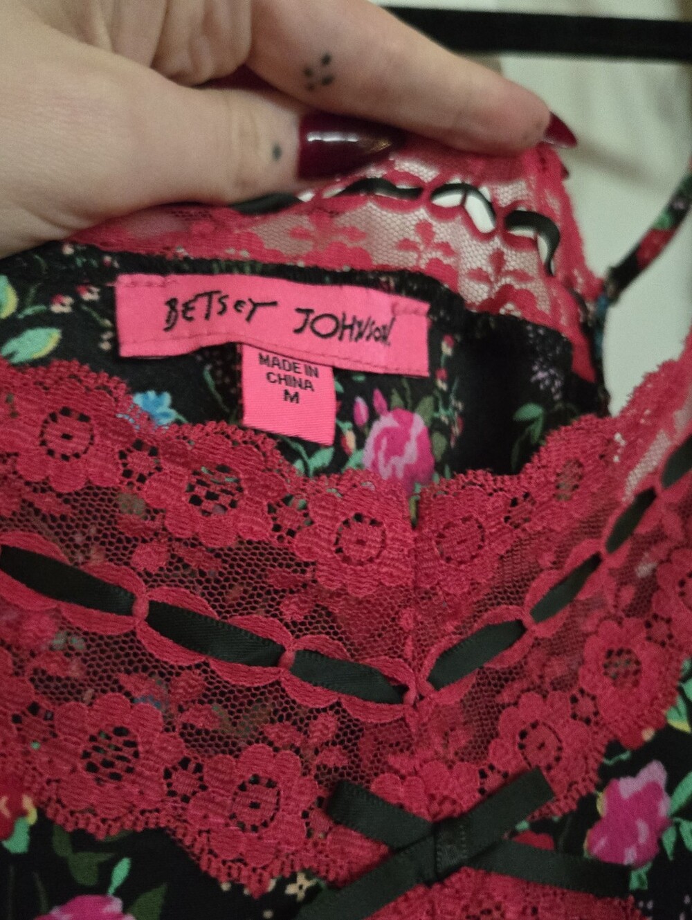 Betsey Johnson Slip Style Lace Panel Floral Midi Dress Md - Picture 4 of 7